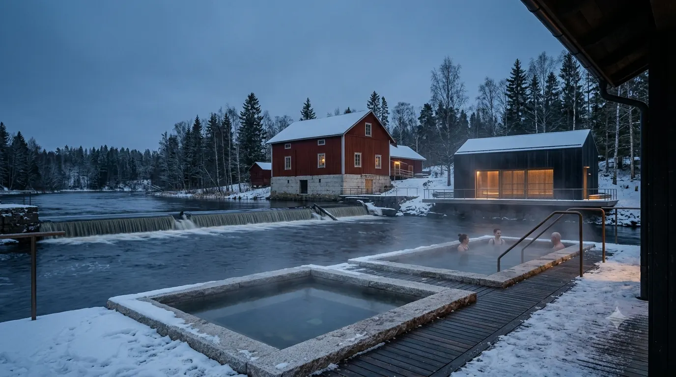 Two steaming outdoor baths beside a low mill dam in a snowy Finnish forest at dusk.