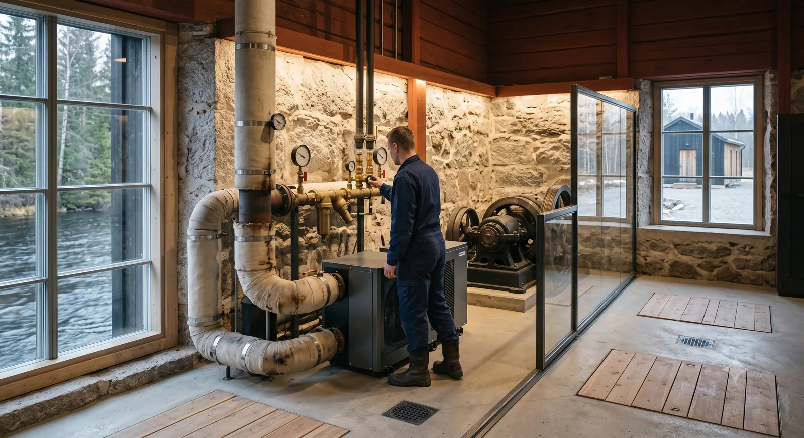 A restored mill energy room containing hydro machinery, heat pumps, gauges, and insulated pipes.