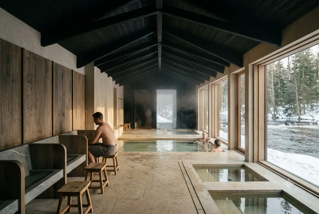 A stone and timber thermal hall progressing from seated washing to warm rooms and a cold pool facing the river.