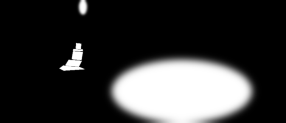 A black frame with white regions marking the permitted motion areas: a small orb, a waterfall column, and a large pool ellipse.