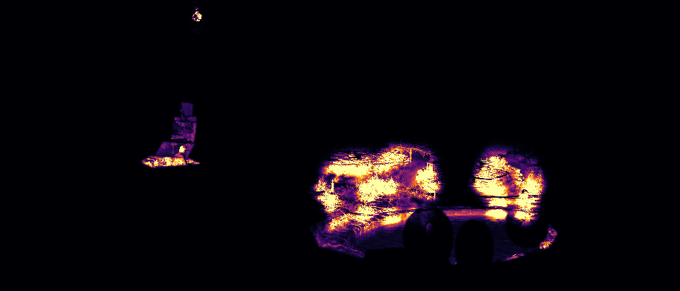 A heat map of the same frame where measured motion accumulated: bright regions in the waterfall, pool, and orb, black everywhere else.